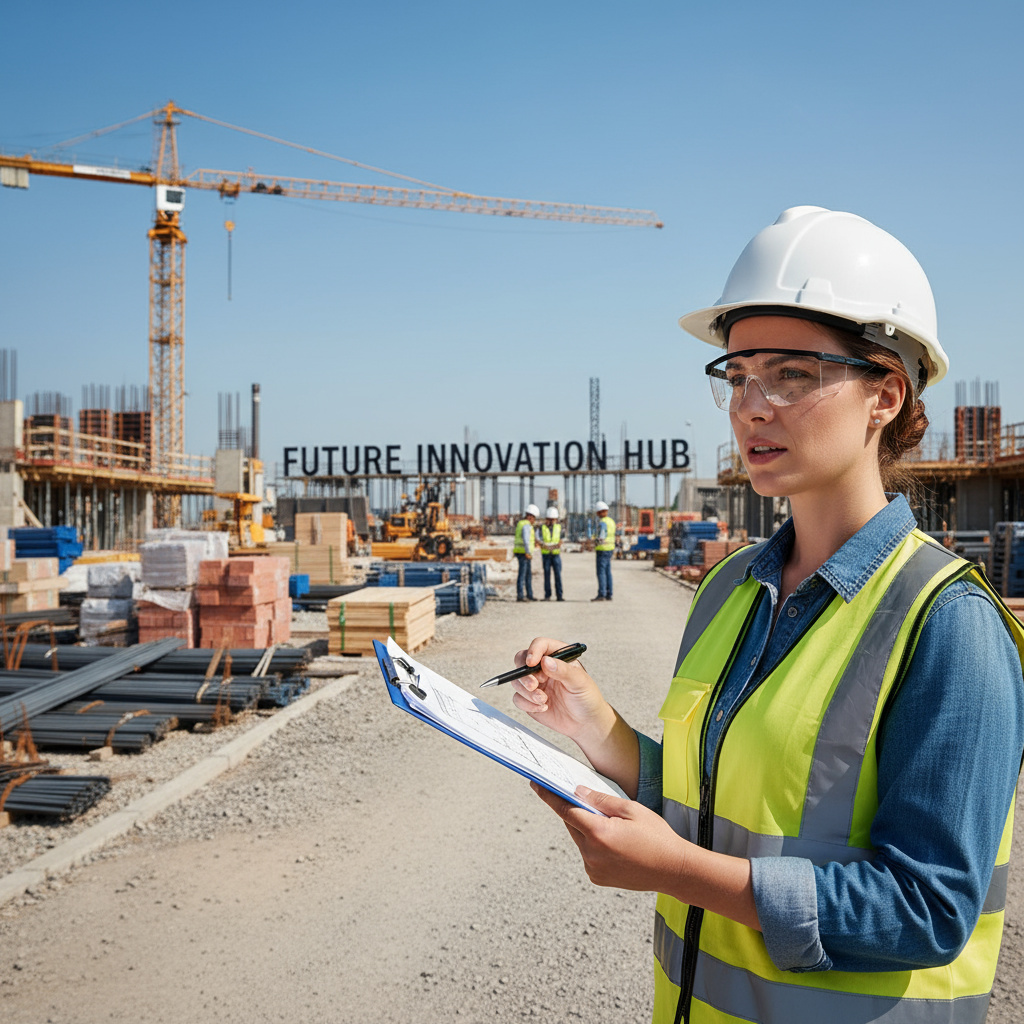 Bauleiter mit Plänen auf der Baustelle